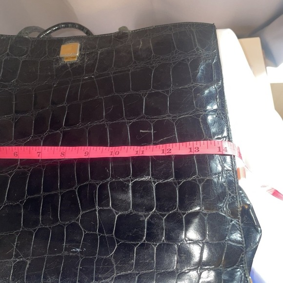 FURLA Vintage Black Tote Shoulder Bag Purse Crocodile Embossed Structured Square - Picture 8 of 13